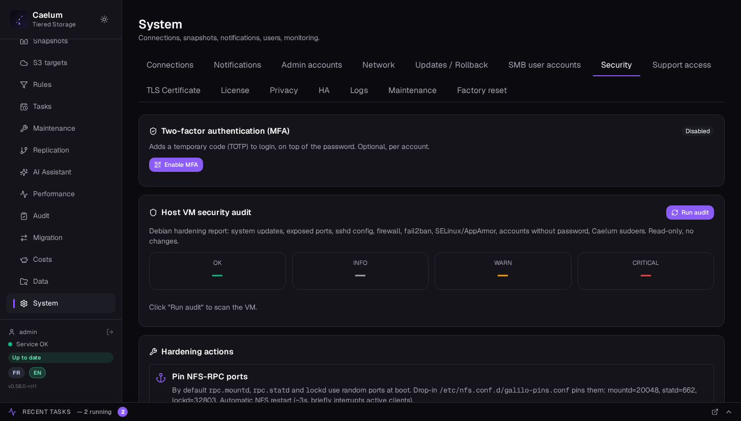 Security audit and hardening actions in Caelum